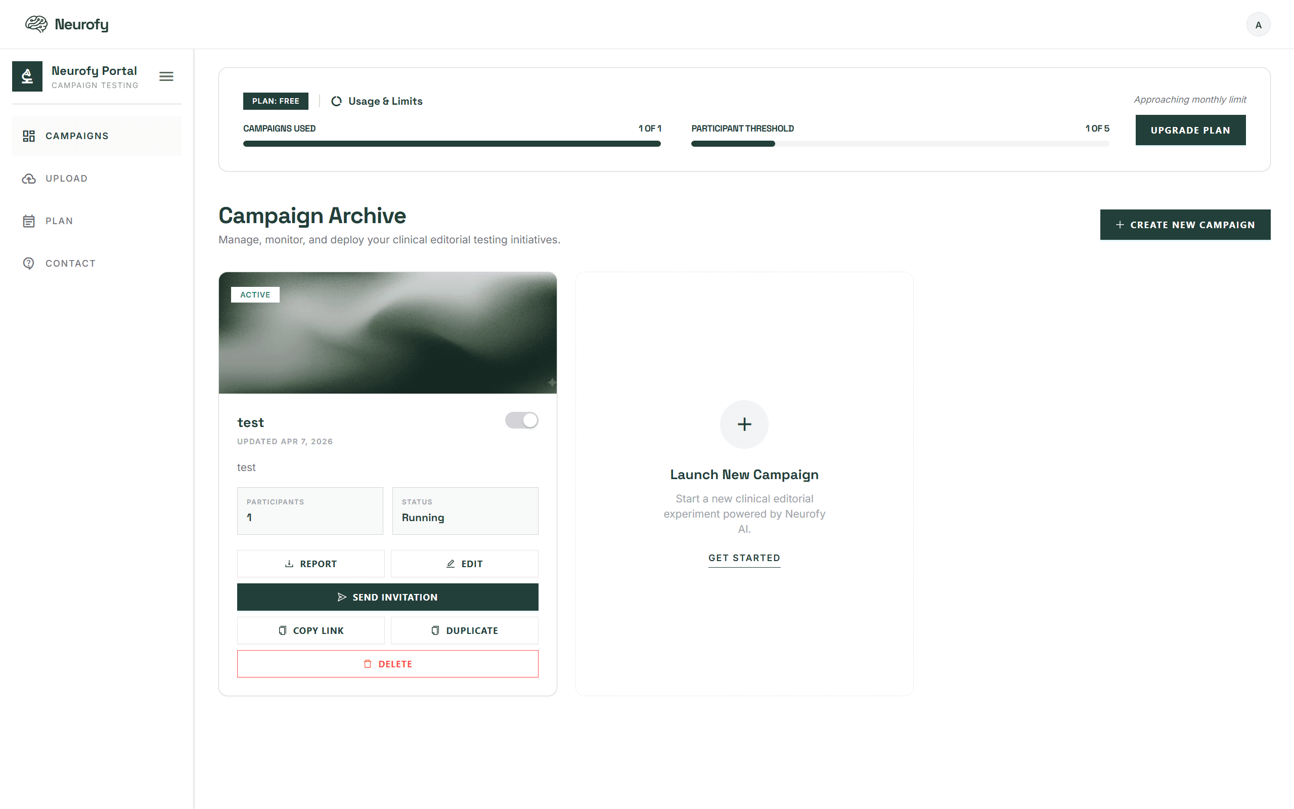 Neurofy campaigns dashboard screenshot